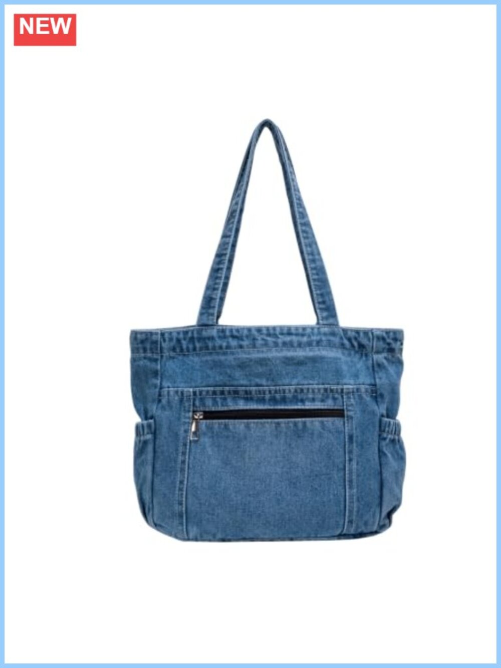 Vintage Denim Tote Bag with 2 Zipper Pockets for Women Shoulder Handbag Travel